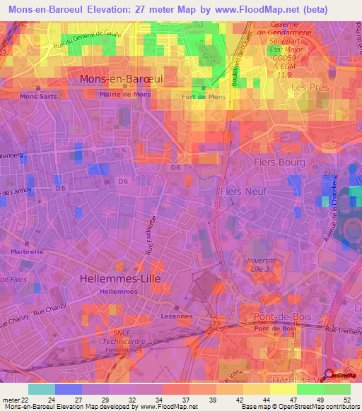 Mons-en-Baroeul,France Elevation Map