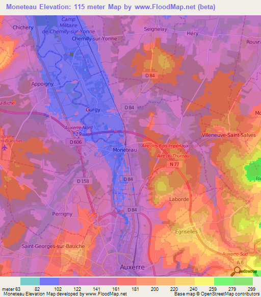 Moneteau,France Elevation Map