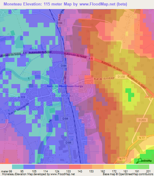 Moneteau,France Elevation Map