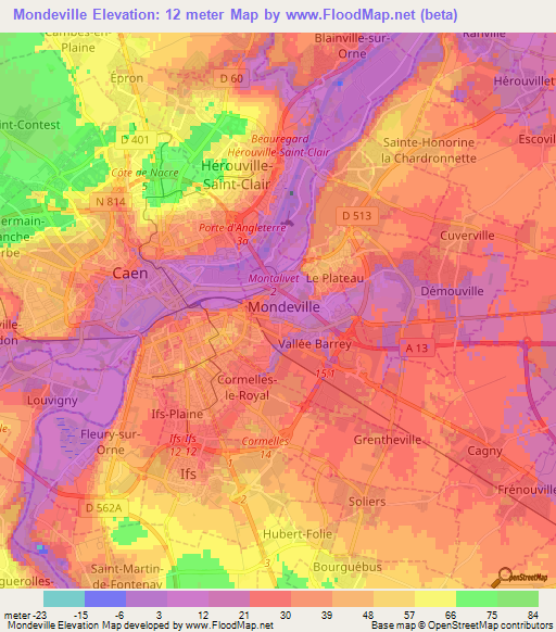 Mondeville,France Elevation Map