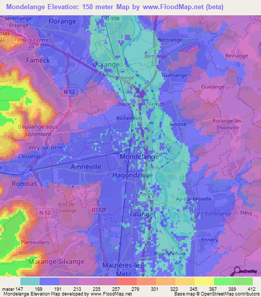 Mondelange,France Elevation Map