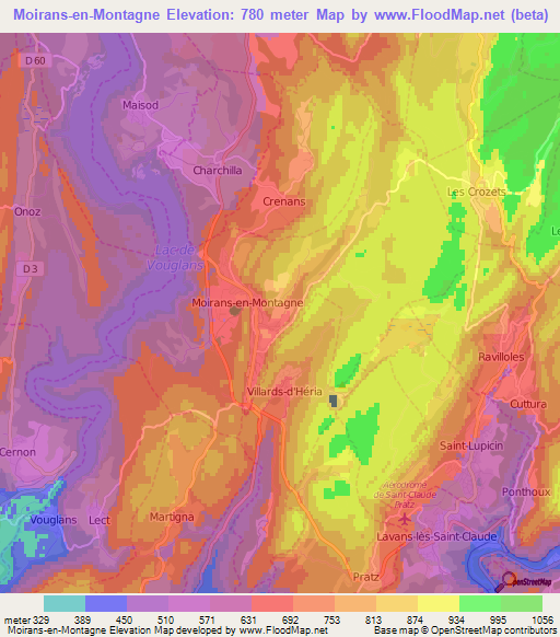 Moirans-en-Montagne,France Elevation Map