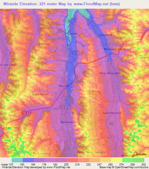 Mirande,France Elevation Map