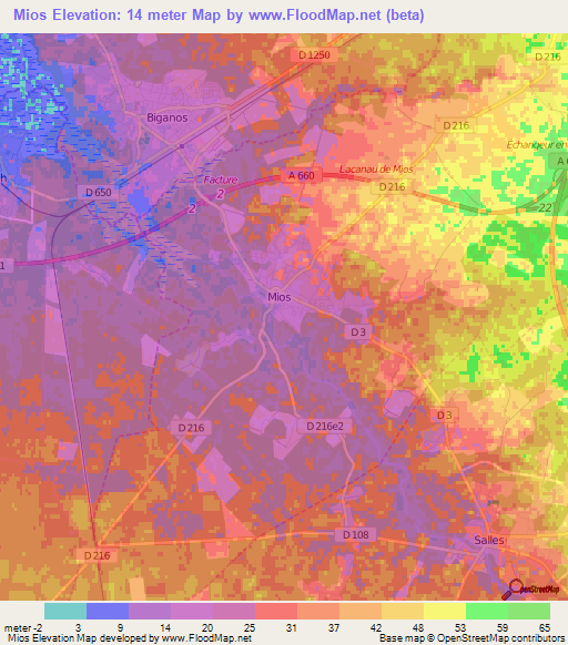 Mios,France Elevation Map