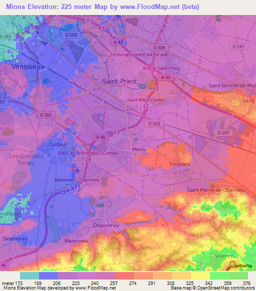 Mions,France Elevation Map