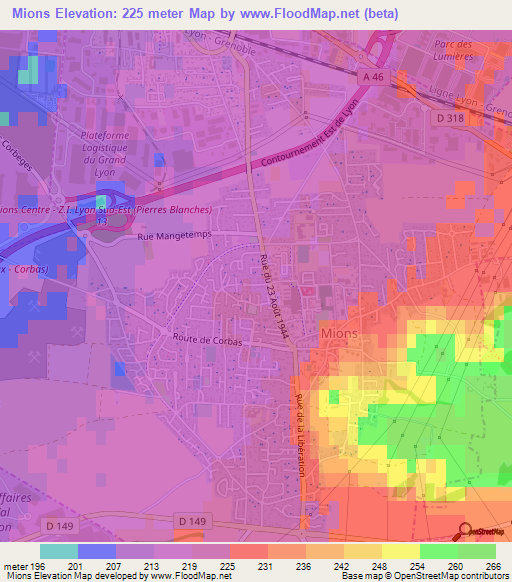 Mions,France Elevation Map