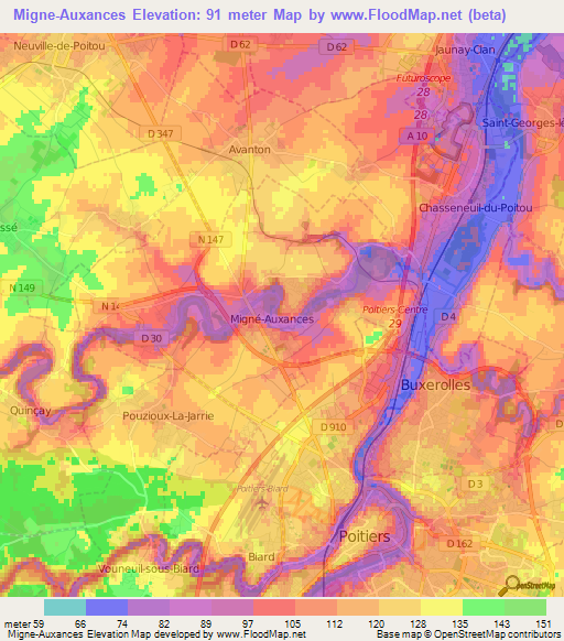 Migne-Auxances,France Elevation Map