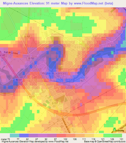 Migne-Auxances,France Elevation Map