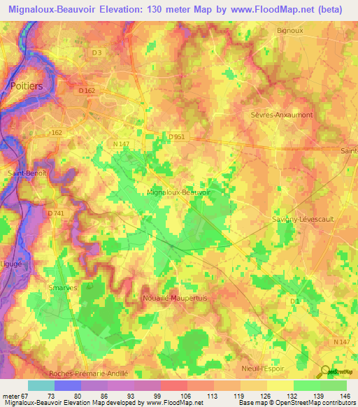 Mignaloux-Beauvoir,France Elevation Map