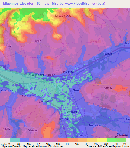 Migennes,France Elevation Map