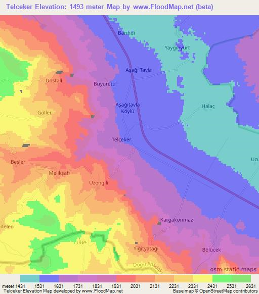 Telceker,Turkey Elevation Map