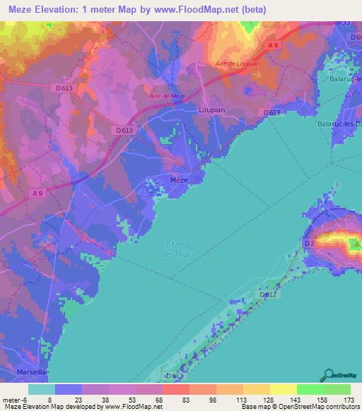 Meze,France Elevation Map