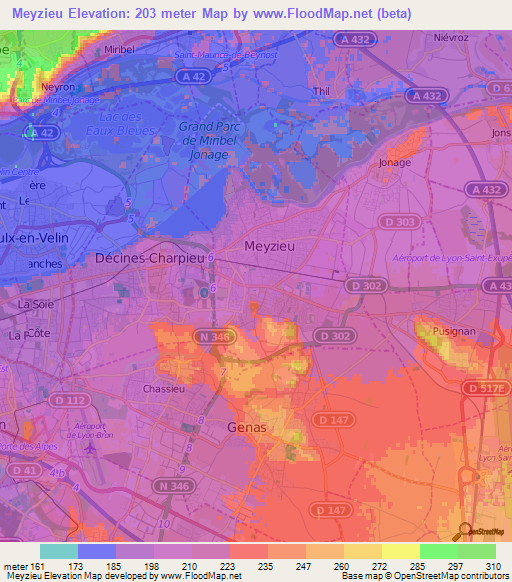 Meyzieu,France Elevation Map