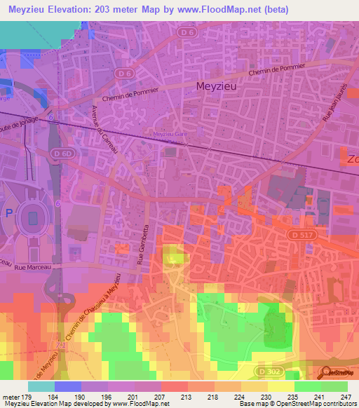 Meyzieu,France Elevation Map