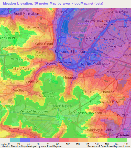 Meudon,France Elevation Map