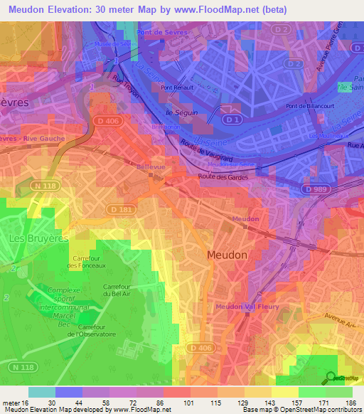 Meudon,France Elevation Map