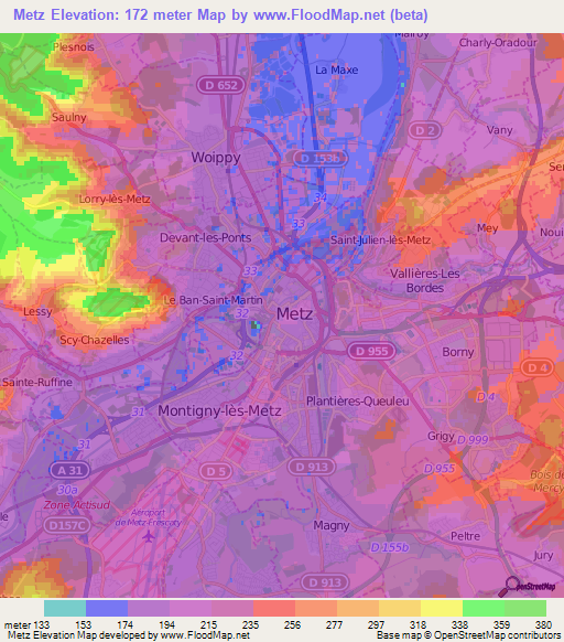 Metz,France Elevation Map