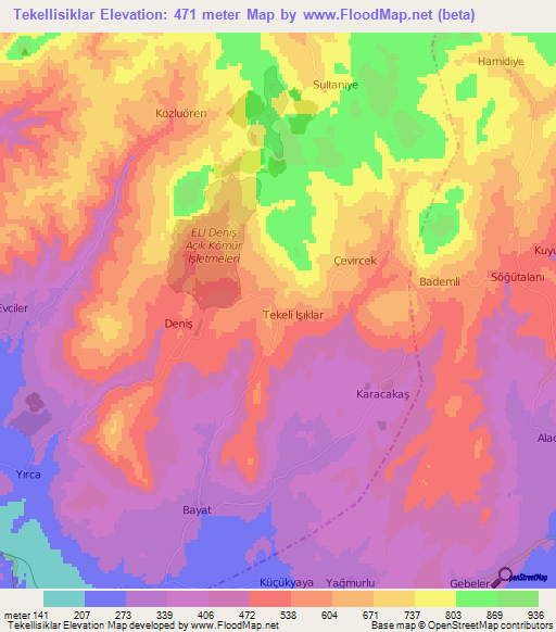 Tekellisiklar,Turkey Elevation Map