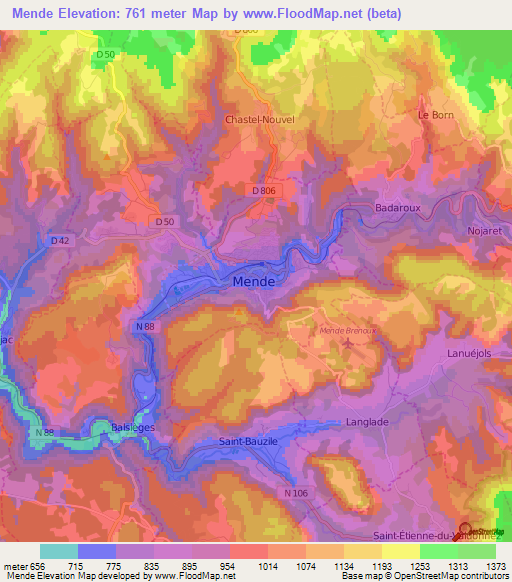 Mende,France Elevation Map