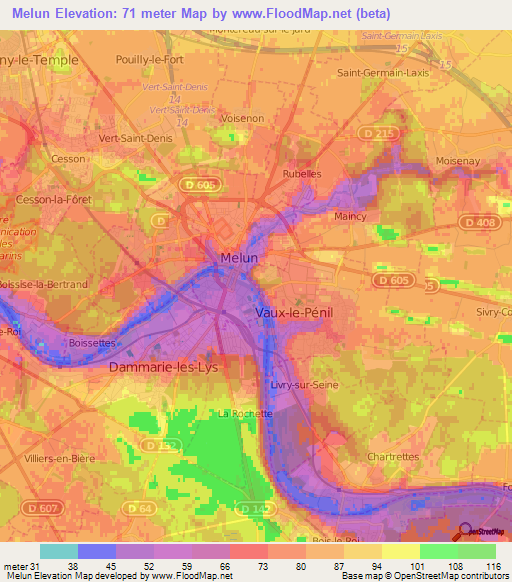 Melun,France Elevation Map