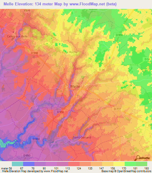 Melle,France Elevation Map