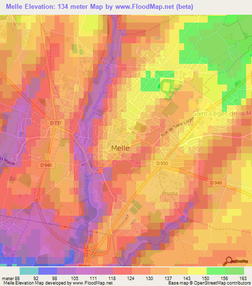 Melle,France Elevation Map