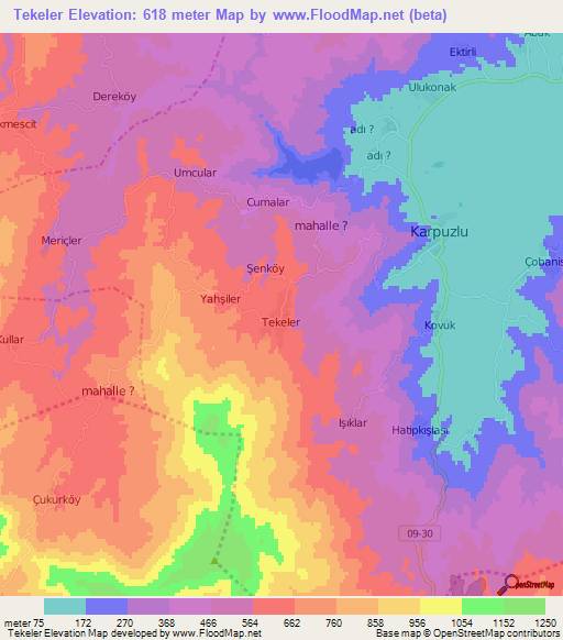 Tekeler,Turkey Elevation Map