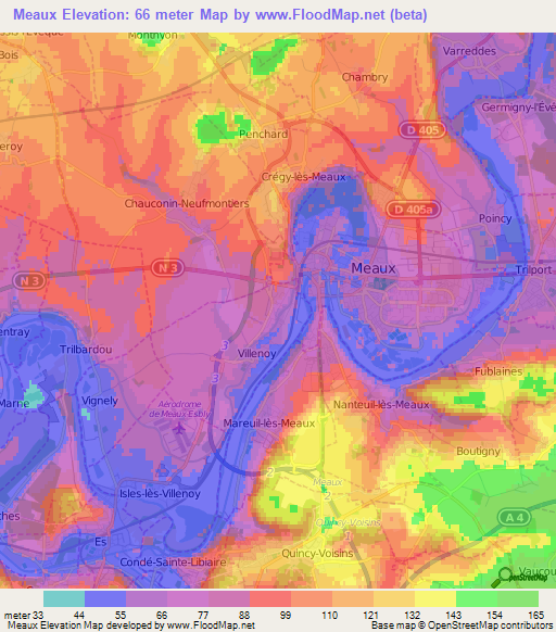 Meaux,France Elevation Map