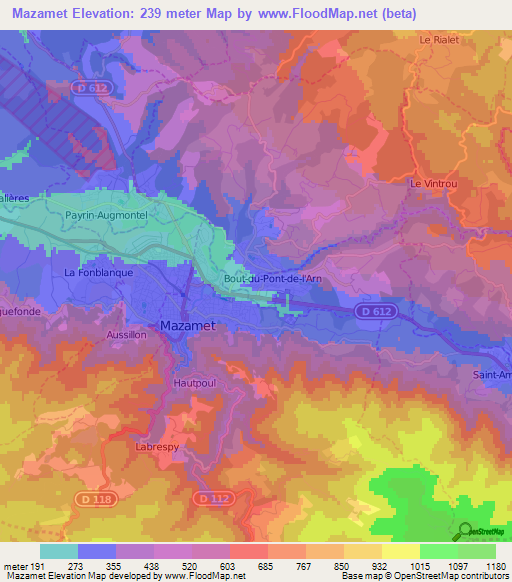 Mazamet,France Elevation Map