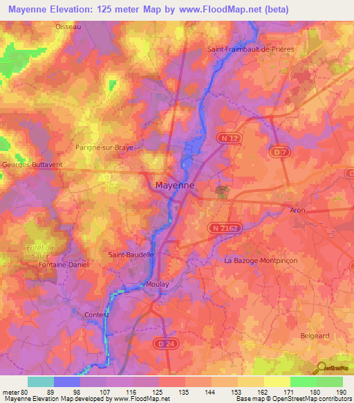 Mayenne,France Elevation Map