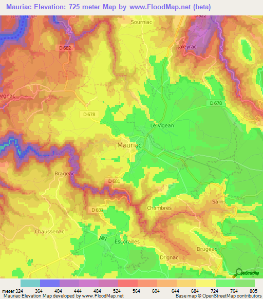 Mauriac,France Elevation Map