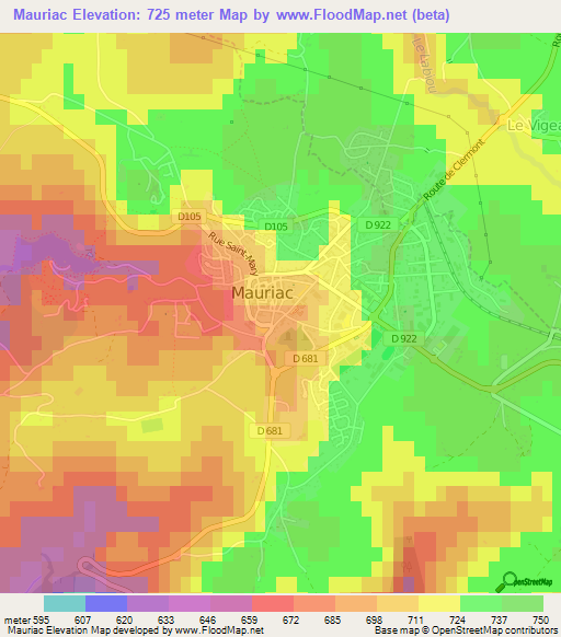 Mauriac,France Elevation Map