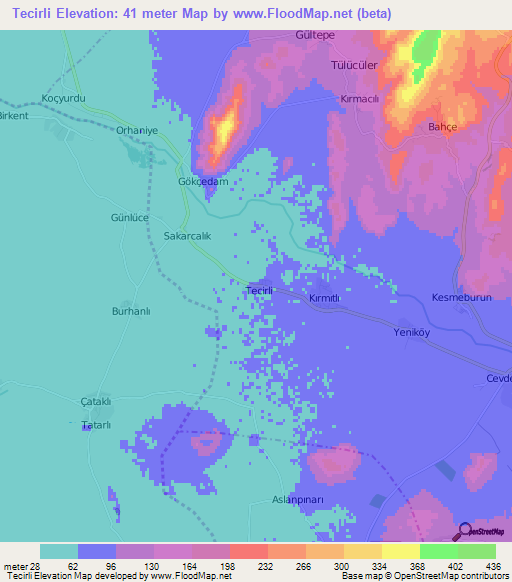 Tecirli,Turkey Elevation Map