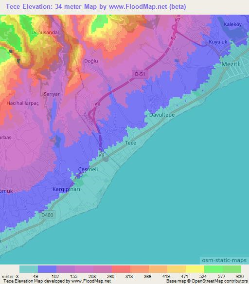 Tece,Turkey Elevation Map