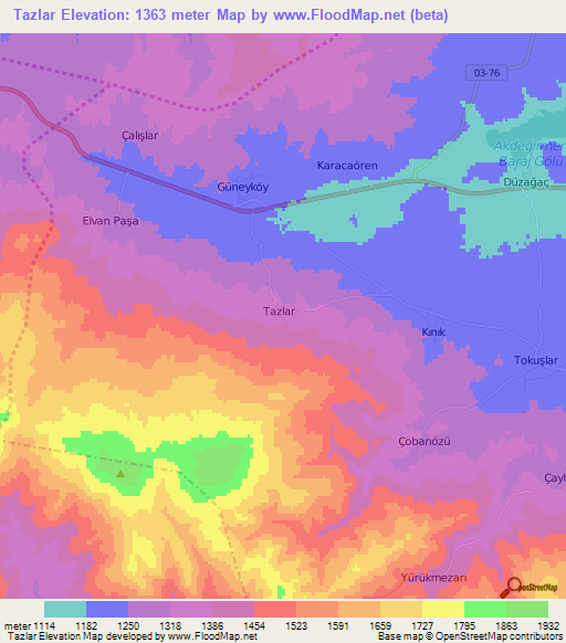 Tazlar,Turkey Elevation Map