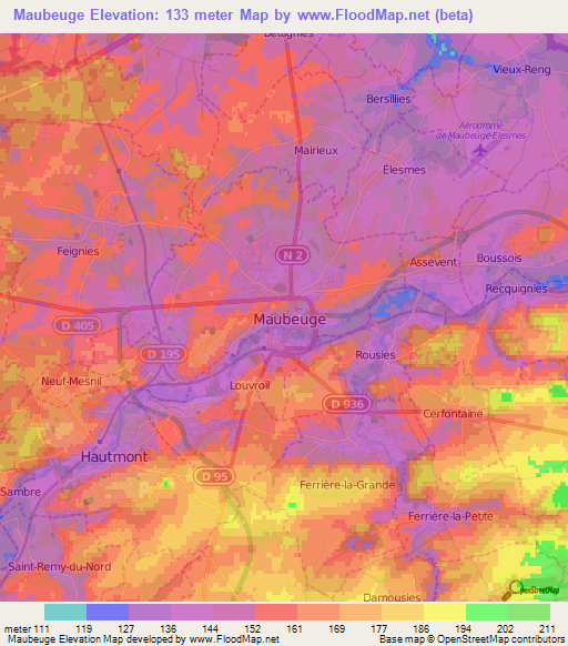 Maubeuge,France Elevation Map