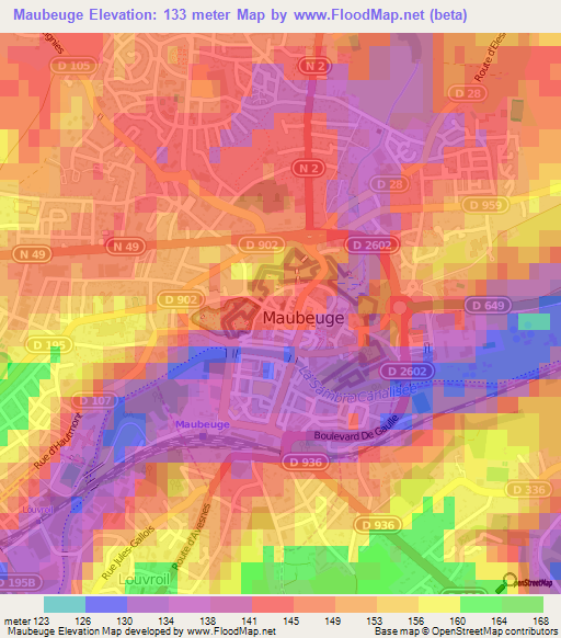 Maubeuge,France Elevation Map