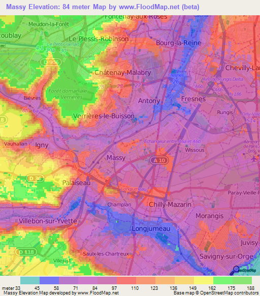 Massy,France Elevation Map