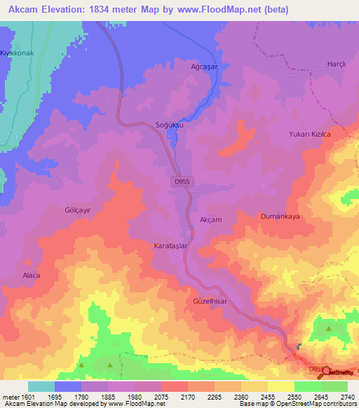 Akcam,Turkey Elevation Map