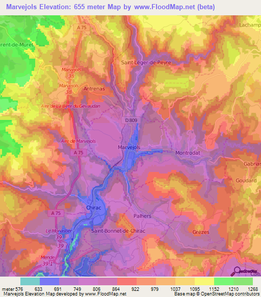 Marvejols,France Elevation Map