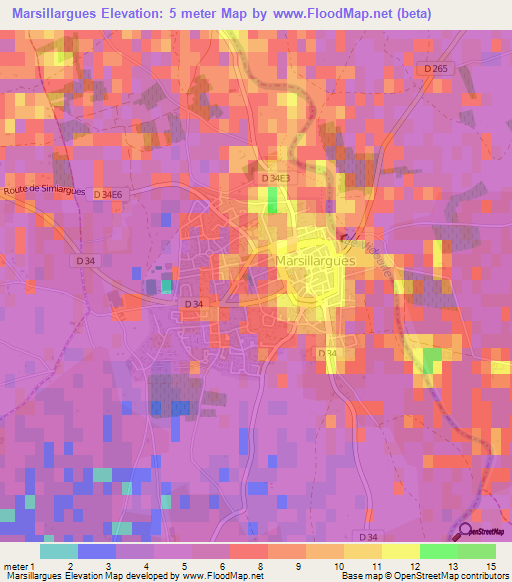 Marsillargues,France Elevation Map