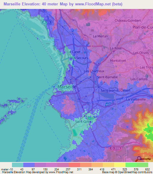 Marseille,France Elevation Map