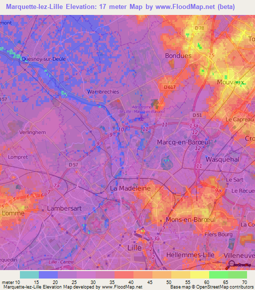 Marquette-lez-Lille,France Elevation Map