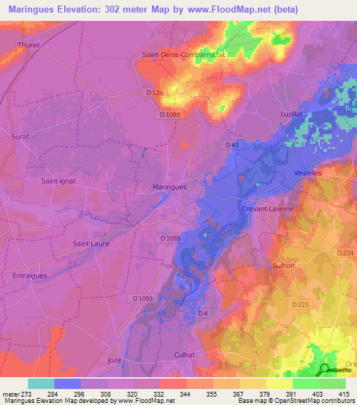 Maringues,France Elevation Map