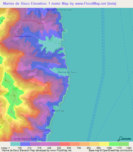 Marine de Sisco,France Elevation Map