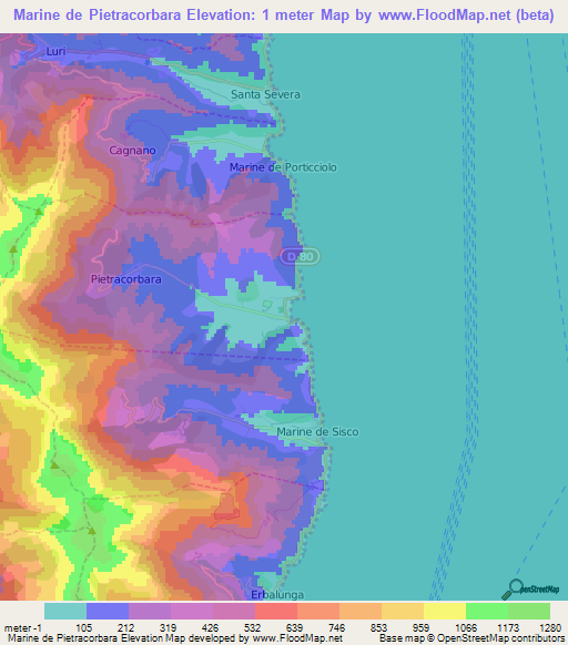 Marine de Pietracorbara,France Elevation Map