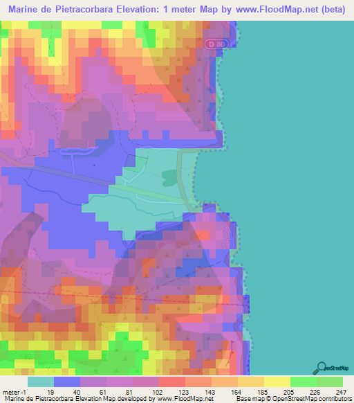 Marine de Pietracorbara,France Elevation Map