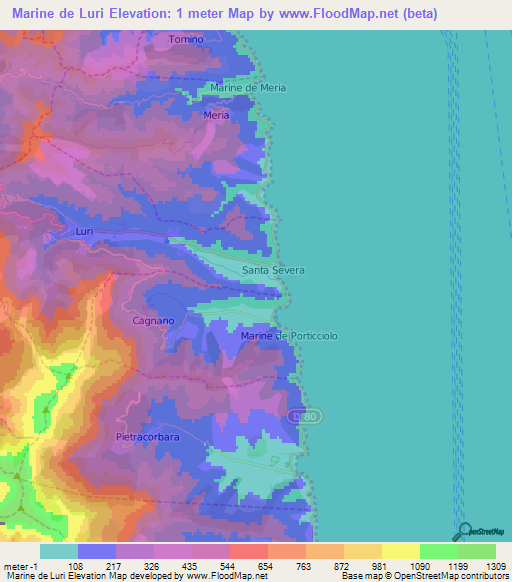 Marine de Luri,France Elevation Map