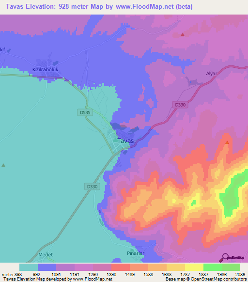 Tavas,Turkey Elevation Map