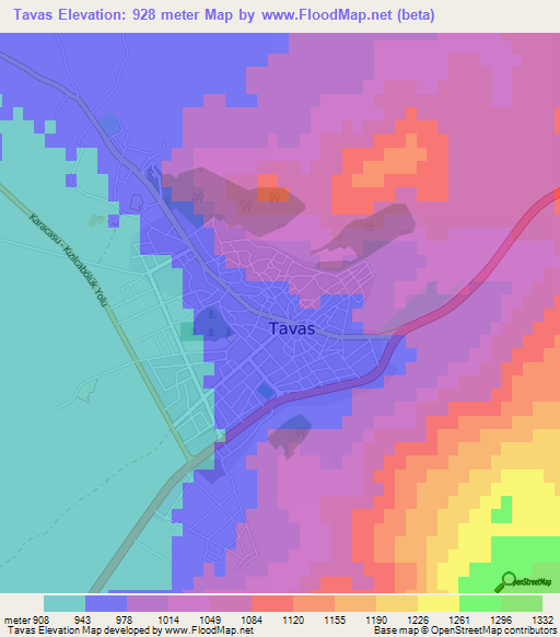 Tavas,Turkey Elevation Map